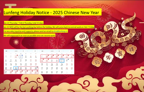 Berita perusahaan terbaru tentang Liburan Tahun Baru Cina (CNY) Lunfeng: 23 Januari Kamis ~ 6 Februari Kamis, total 15 hari.